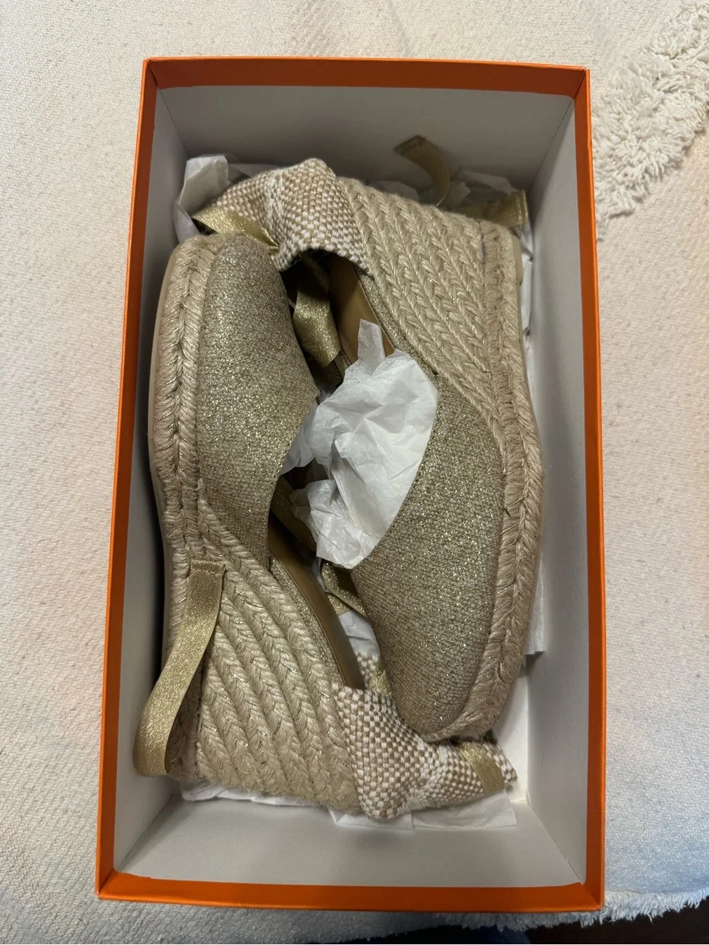 Castaner Metallic Champagne Espadrille Wedge with Ankle Wrap